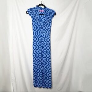 Feather and Find Blue Patterned Ruffle Neckline Short Sleeve Jumpsuit Size Small